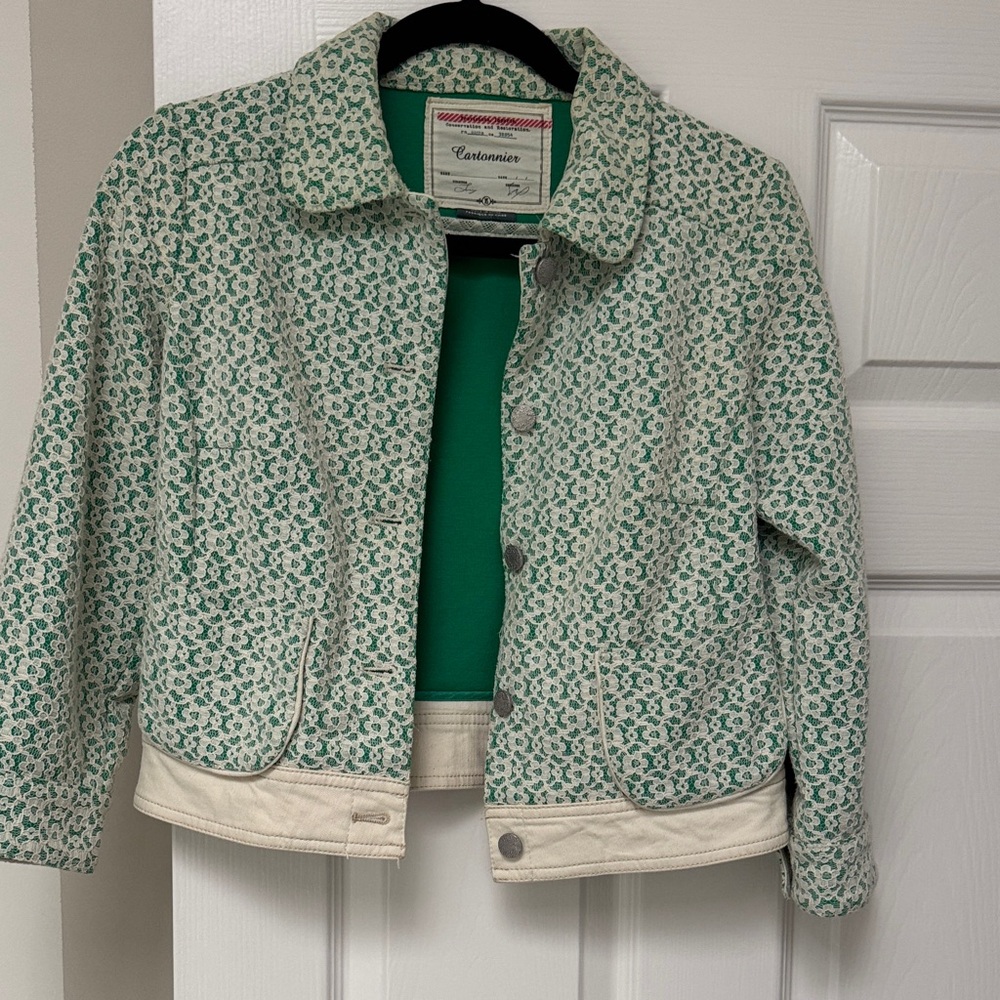 Anthropologie Green and Cream Floral Cropped Jean Jacket